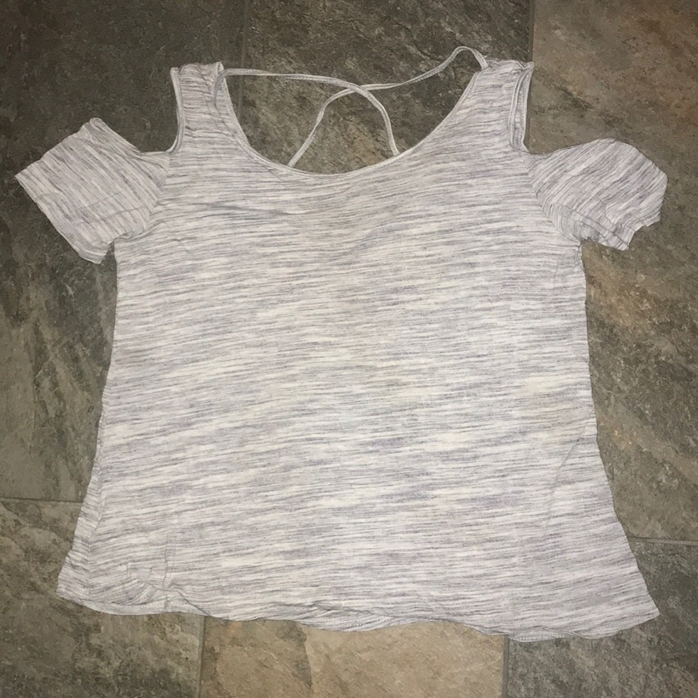 light blue and white streaked open shoulder top